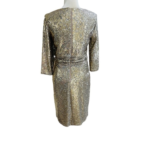 Calvin Klein Gold  Silver V-Neck Sequin Mesh Dress 3/4 Sleeve Sheath Cocktail - Picture 5 of 11